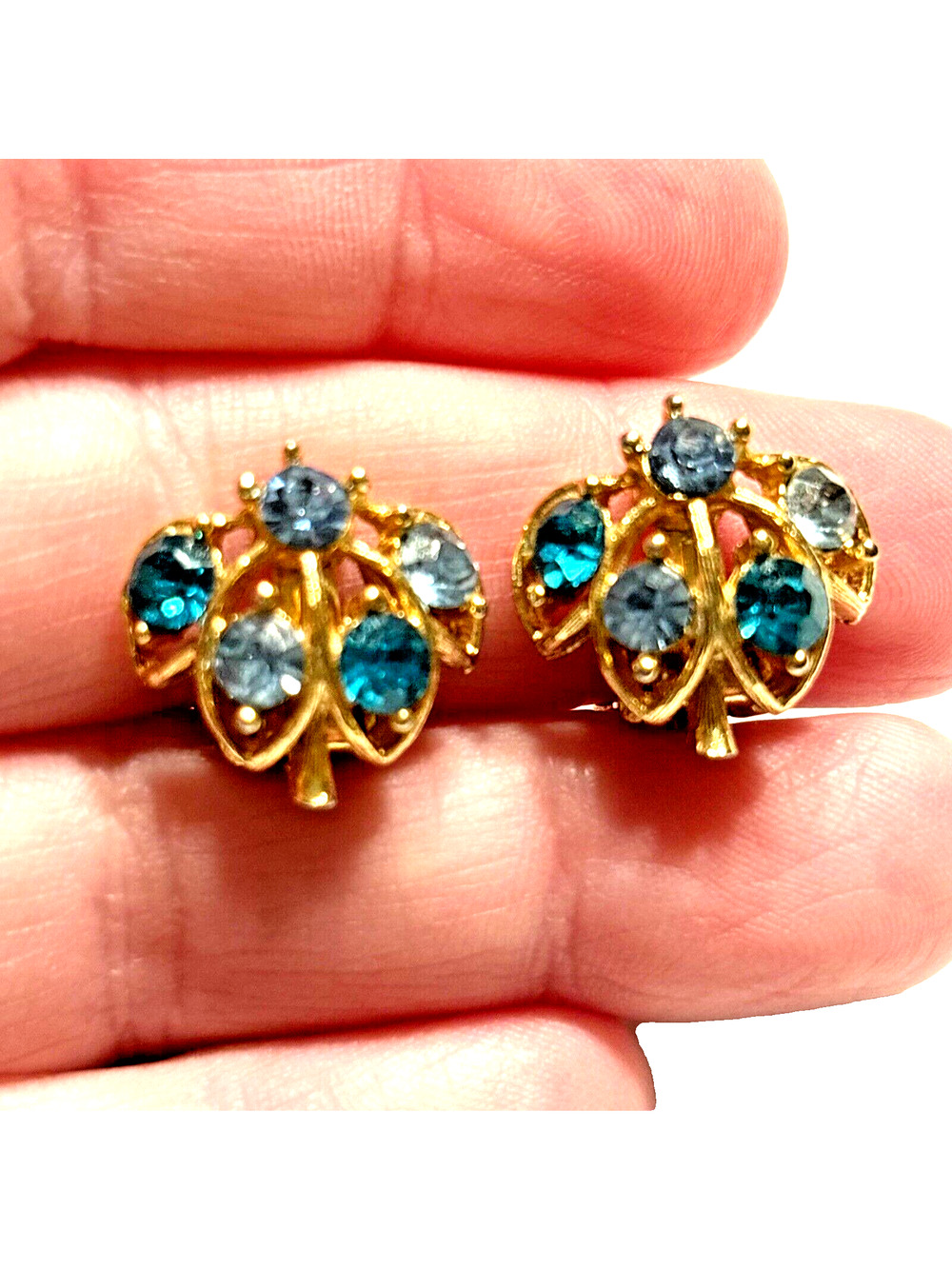 Vintage Mid Century Clip On Earrings Petite Blue & Green Rhinestones On Goldtone